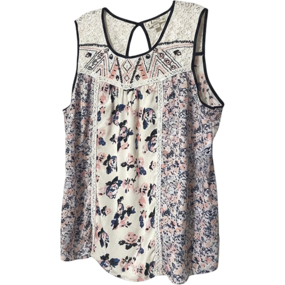 Tanzara Blouse Womens 1X Multicolor Floral Lace Boho Sleeveless Top RN 81492